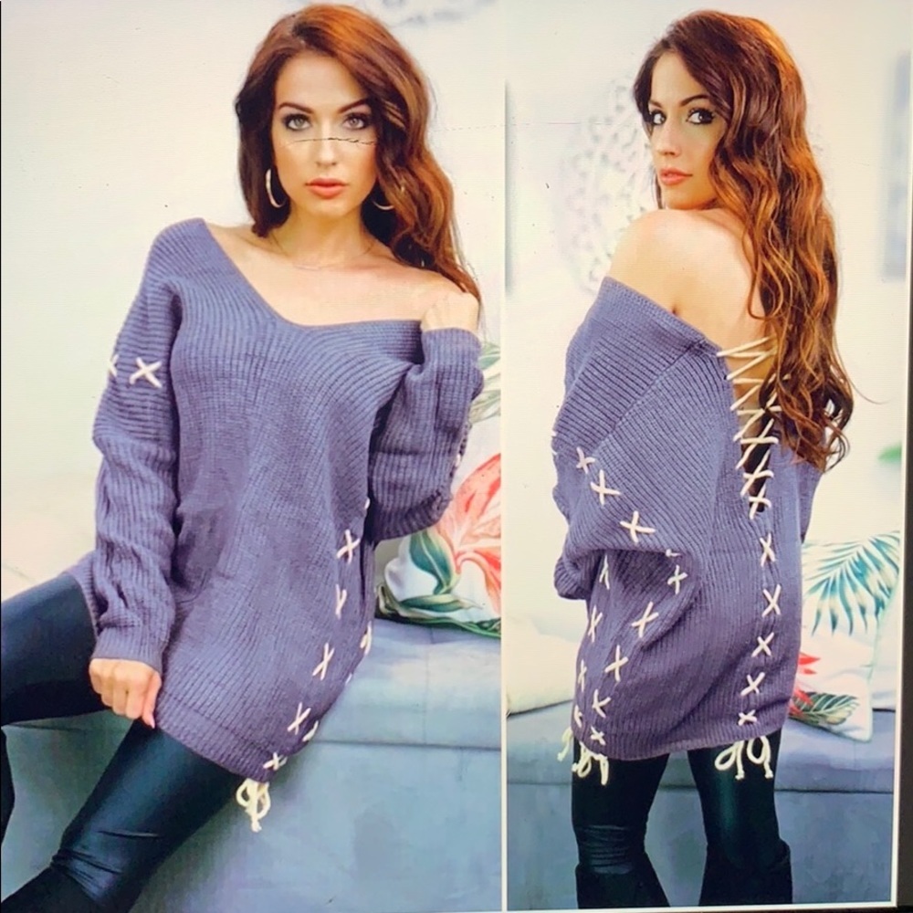 Last One Dusty Navy Lace Up Oversized Sweater